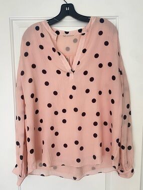 Elie Tahari Silk Blush Pink Polka Dot Blouse XL Sheer V-Neck